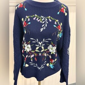 Woven Heart Floral Embroidered Knit Sweater Women’s Large